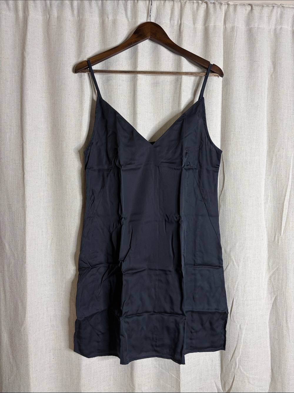 Ettitude Black Satin Slip Chemise - V-Neck Spaghetti Straps